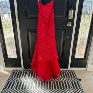 Red Lace Mermaid Gown with Tulle Hem